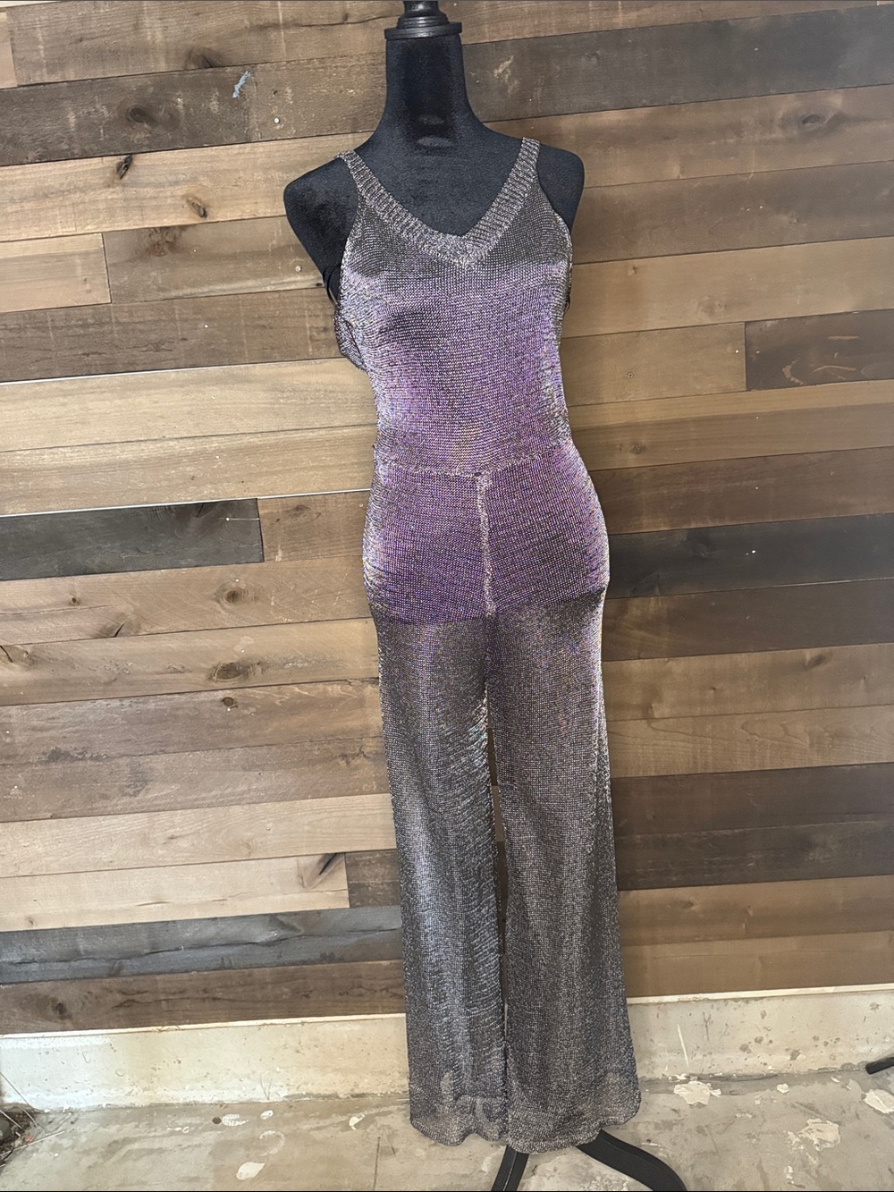 12th Tribe Mesh Metallic gunmetal Knit Wide-Leg Jumpsuit